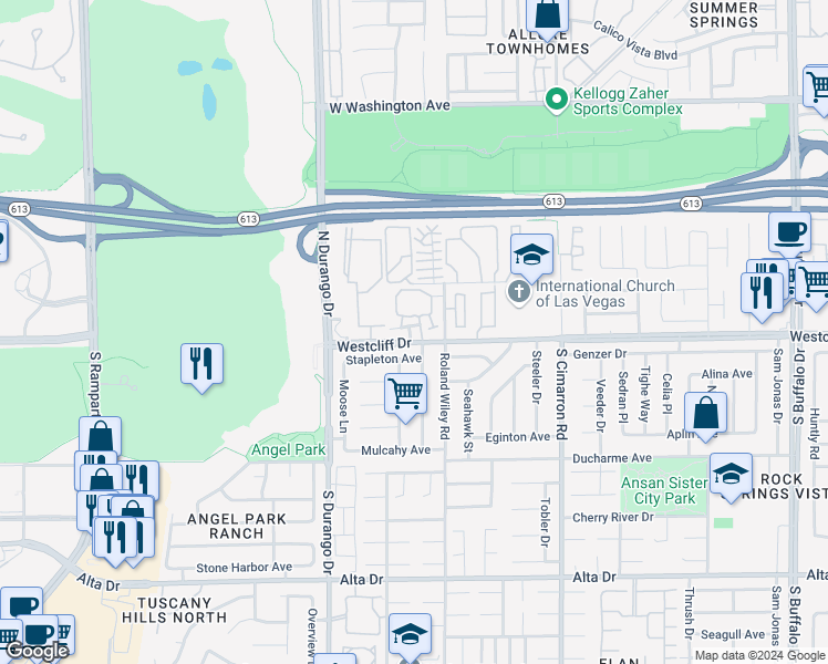 map of restaurants, bars, coffee shops, grocery stores, and more near 104 Breezy Tree Court in Las Vegas