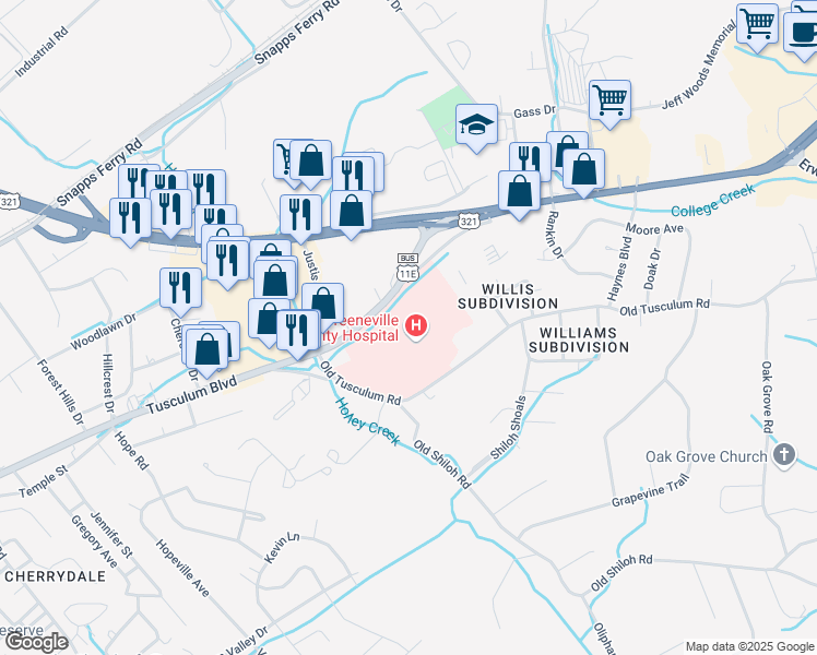 map of restaurants, bars, coffee shops, grocery stores, and more near 1420 Tusculum Boulevard in Greeneville