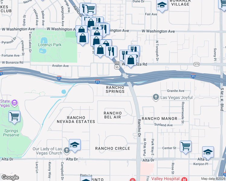 map of restaurants, bars, coffee shops, grocery stores, and more near 105 Dahlia Lane in Las Vegas