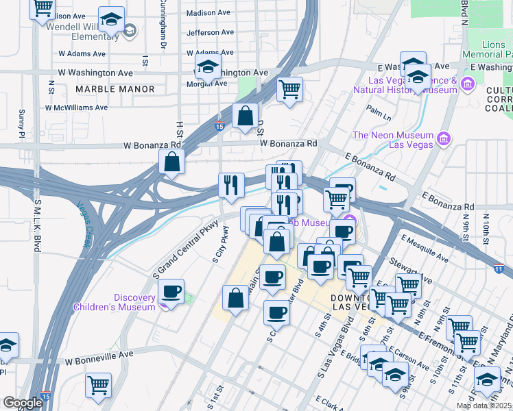 map of restaurants, bars, coffee shops, grocery stores, and more near 110 North City Parkway in Las Vegas