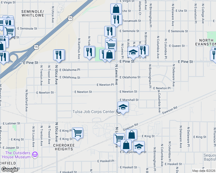 map of restaurants, bars, coffee shops, grocery stores, and more near 2170 East Newton Place in Tulsa