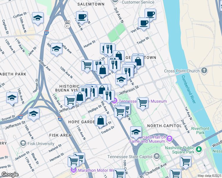 map of restaurants, bars, coffee shops, grocery stores, and more near 1200 Rosa L Parks Boulevard in Nashville