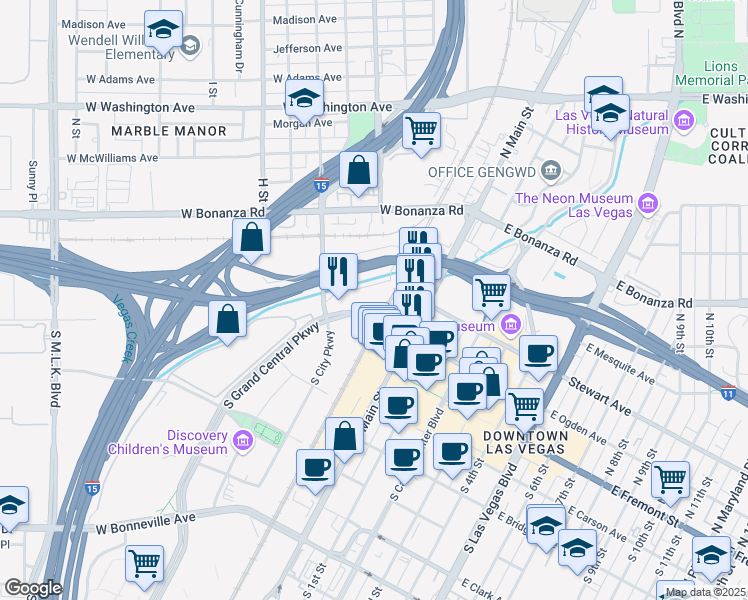 map of restaurants, bars, coffee shops, grocery stores, and more near 110 North City Parkway in Las Vegas