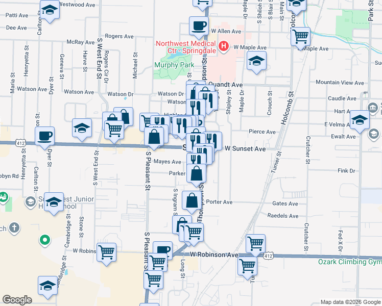 map of restaurants, bars, coffee shops, grocery stores, and more near 983 West Sunset Avenue in Springdale