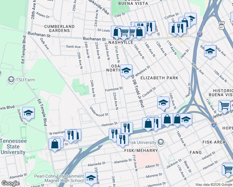 map of restaurants, bars, coffee shops, grocery stores, and more near 1521 21st Avenue North in Nashville