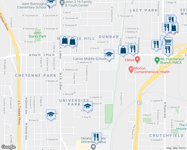 map of restaurants, bars, coffee shops, grocery stores, and more near 527 East Newton Place in Tulsa