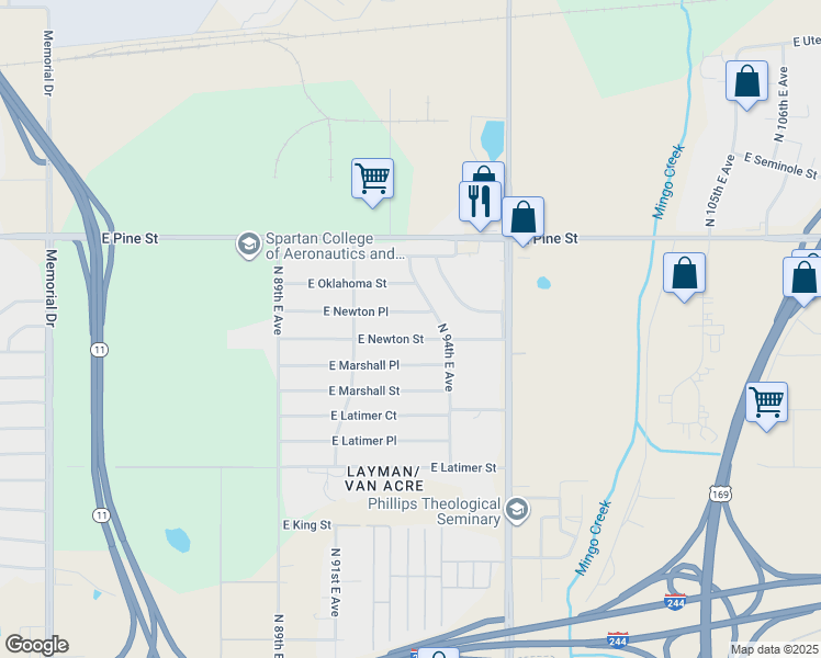 map of restaurants, bars, coffee shops, grocery stores, and more near 9153 E Newton St in Tulsa