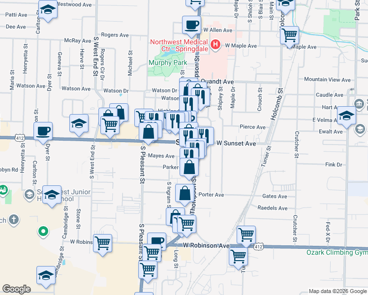 map of restaurants, bars, coffee shops, grocery stores, and more near 983 West Sunset Avenue in Springdale