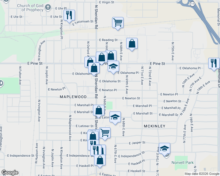map of restaurants, bars, coffee shops, grocery stores, and more near 6615 East Newton Place in Tulsa