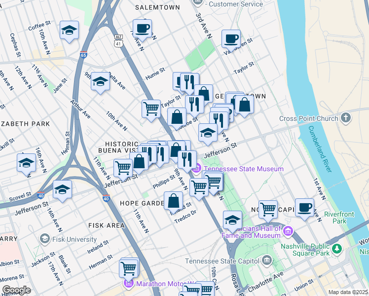 map of restaurants, bars, coffee shops, grocery stores, and more near 1200 Rosa L Parks Boulevard in Nashville