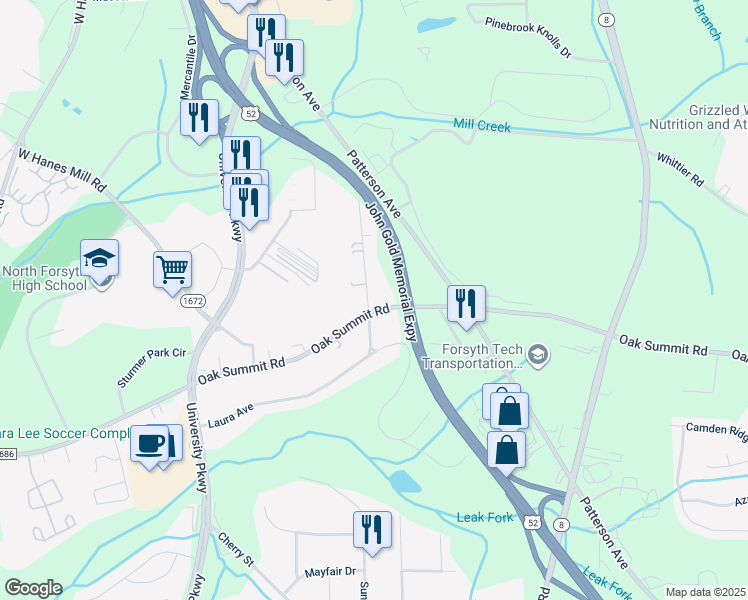 map of restaurants, bars, coffee shops, grocery stores, and more near 201 Oak Summit Road in Winston-Salem