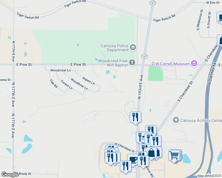 map of restaurants, bars, coffee shops, grocery stores, and more near 18901 Ridge Road in Catoosa