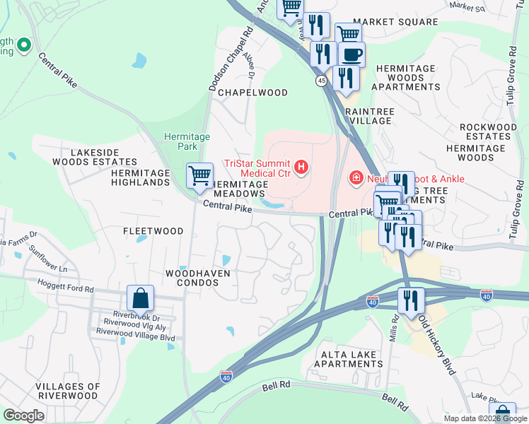 map of restaurants, bars, coffee shops, grocery stores, and more near 3842 Central Pike in Nashville