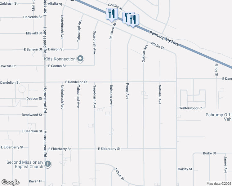 map of restaurants, bars, coffee shops, grocery stores, and more near 3111 Rainbow Avenue in Pahrump