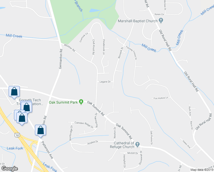 map of restaurants, bars, coffee shops, grocery stores, and more near 5521 Legare Drive in Winston-Salem