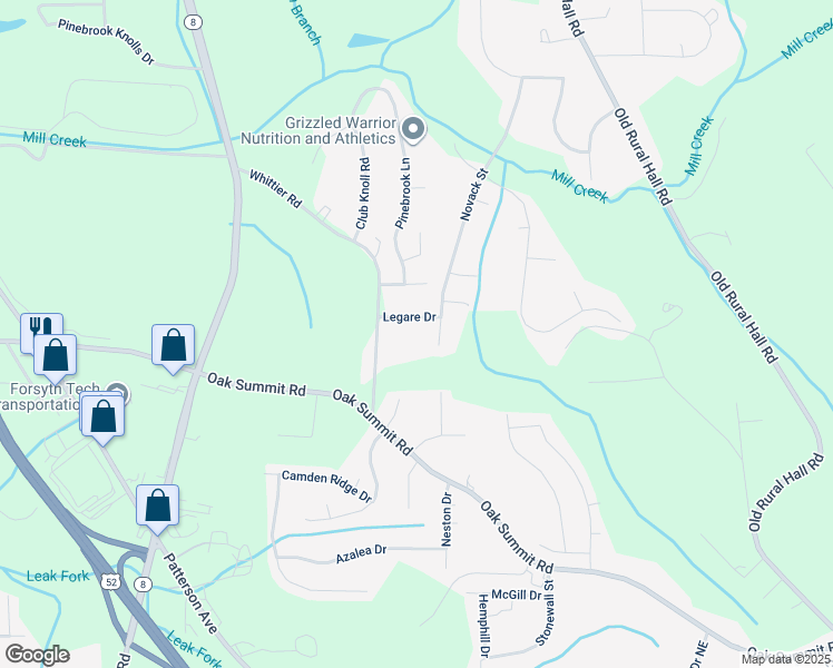 map of restaurants, bars, coffee shops, grocery stores, and more near 5521 Legare Drive in Winston-Salem