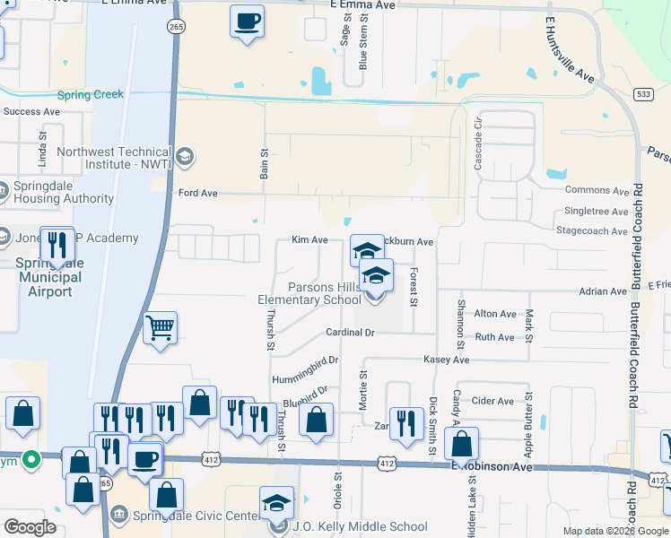 map of restaurants, bars, coffee shops, grocery stores, and more near 1504 Oriole Street in Springdale