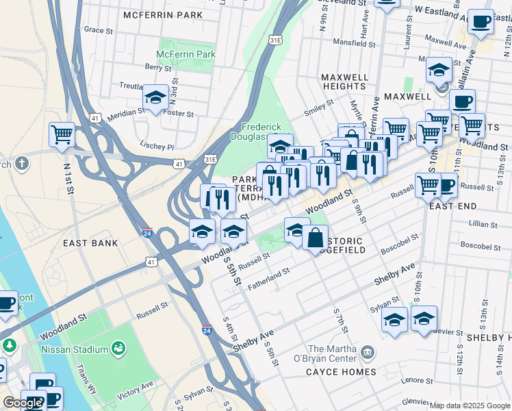 map of restaurants, bars, coffee shops, grocery stores, and more near 603 Main Street in Nashville