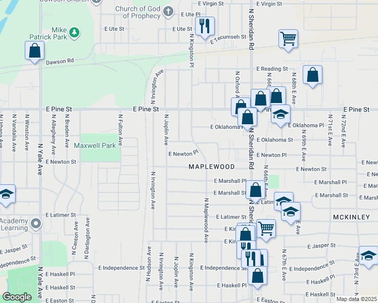 map of restaurants, bars, coffee shops, grocery stores, and more near 5943 East Newton Place in Tulsa