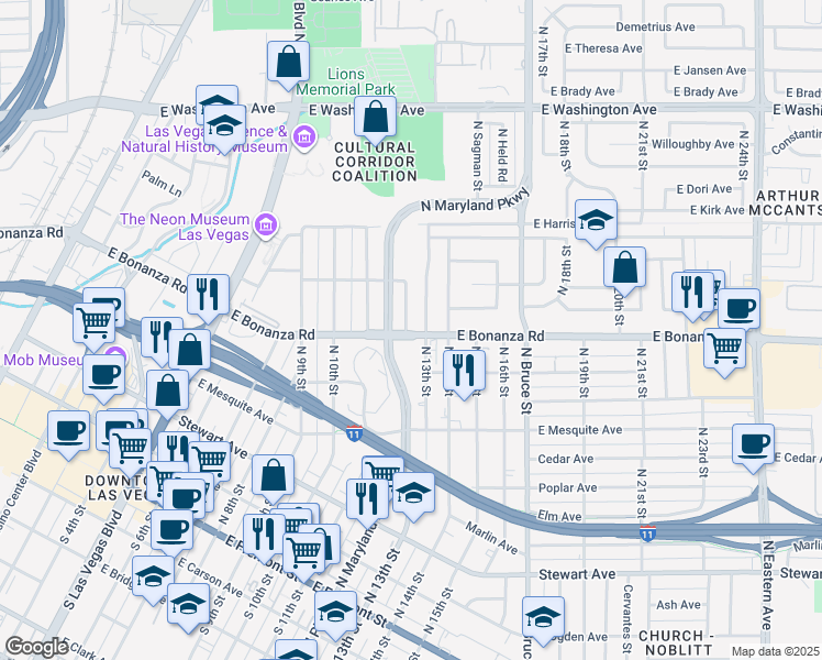 map of restaurants, bars, coffee shops, grocery stores, and more near 600 North 12th Street in Las Vegas