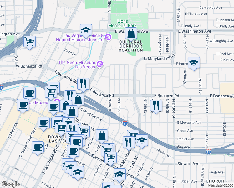map of restaurants, bars, coffee shops, grocery stores, and more near in Las Vegas