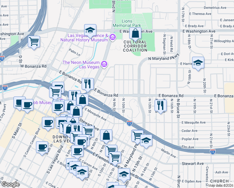 map of restaurants, bars, coffee shops, grocery stores, and more near 532 North 9th Street in Las Vegas