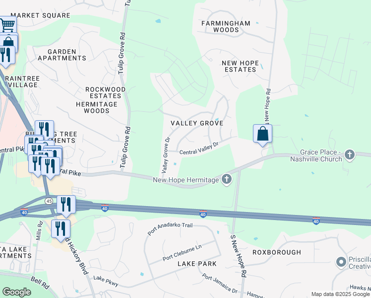 map of restaurants, bars, coffee shops, grocery stores, and more near 4331 Central Valley Drive in Nashville