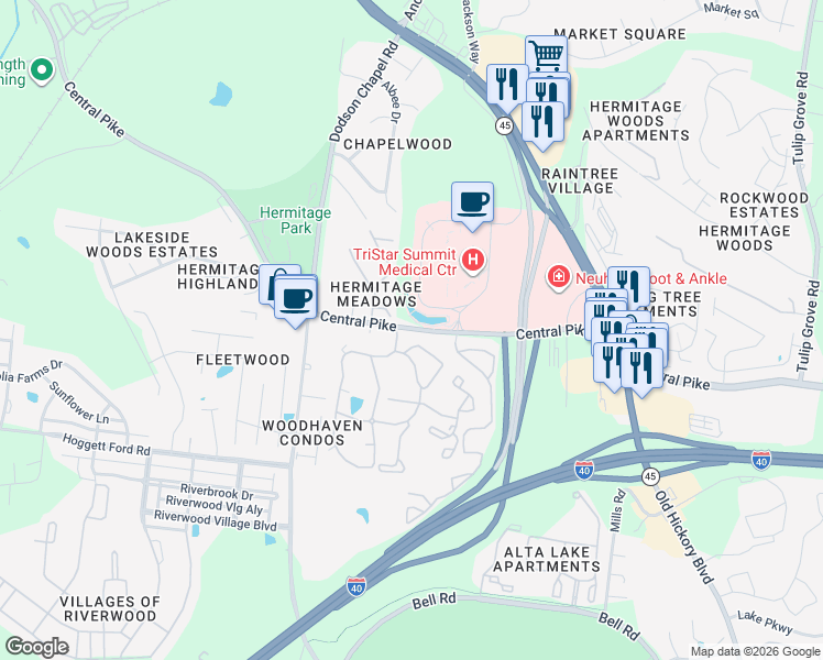 map of restaurants, bars, coffee shops, grocery stores, and more near 3842 Central Pike in Nashville