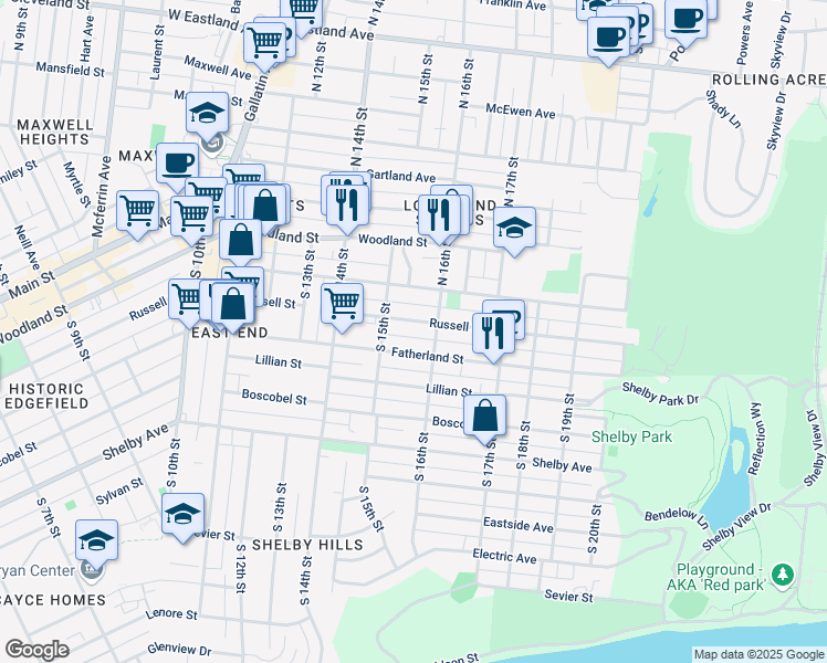 map of restaurants, bars, coffee shops, grocery stores, and more near 1511 Fatherland Street in Nashville