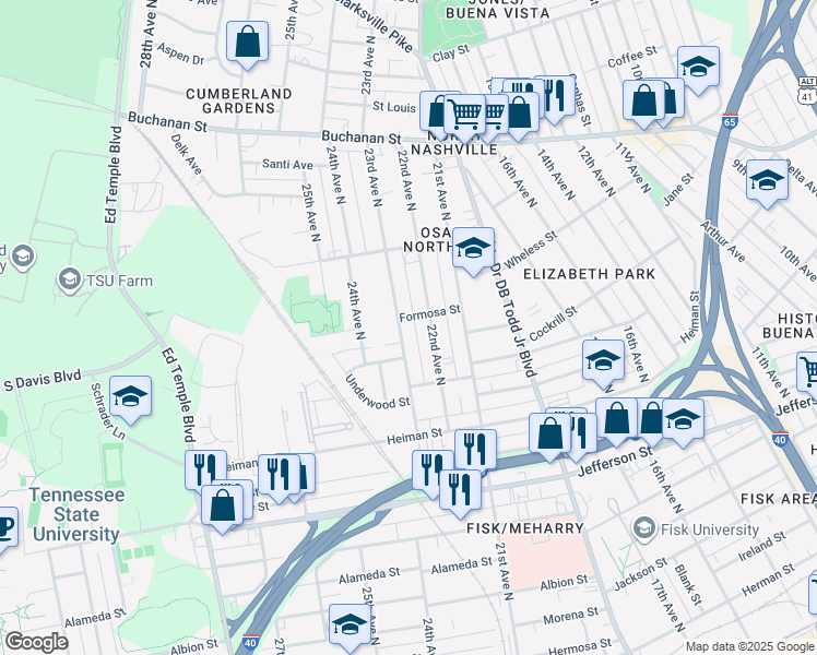 map of restaurants, bars, coffee shops, grocery stores, and more near 1521 22nd Avenue North in Nashville