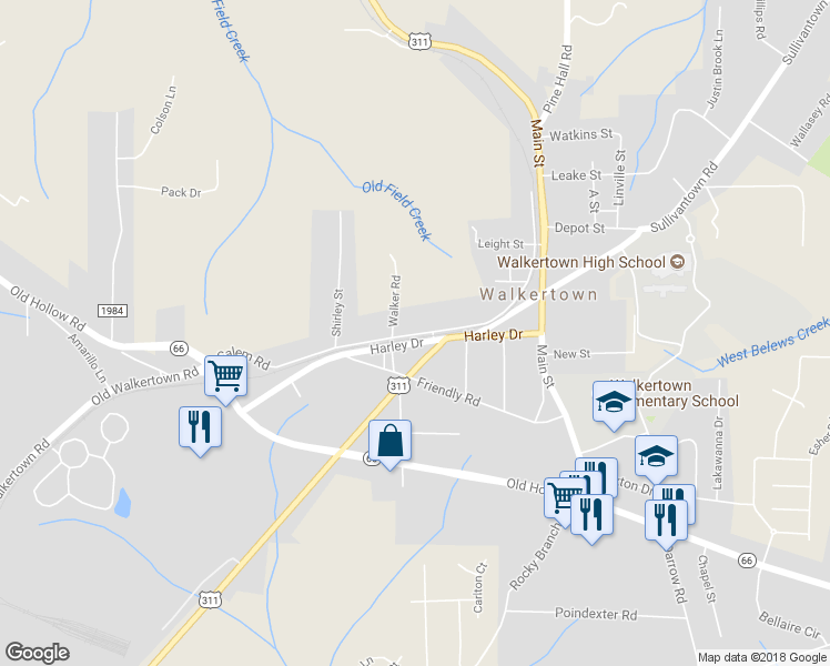 map of restaurants, bars, coffee shops, grocery stores, and more near 5023 Salem Road in Walkertown