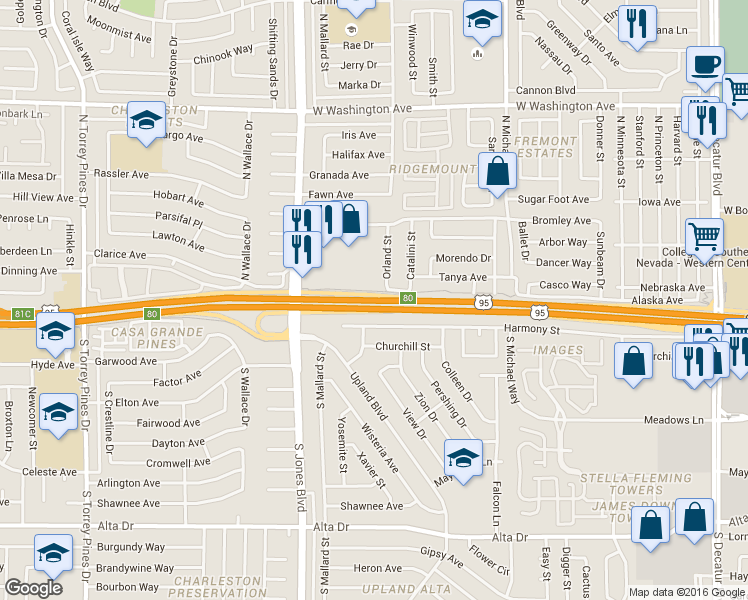 map of restaurants, bars, coffee shops, grocery stores, and more near Veterans Memorial Highway in Las Vegas