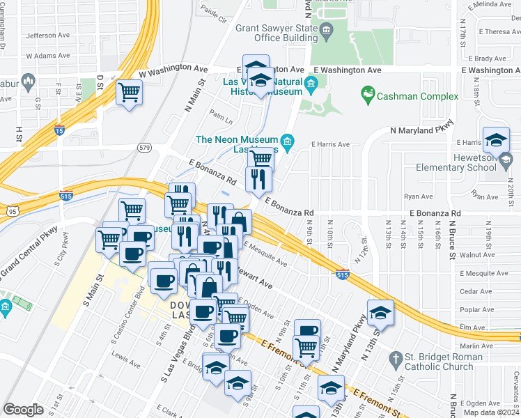 map of restaurants, bars, coffee shops, grocery stores, and more near 536 North Las Vegas Boulevard in Las Vegas