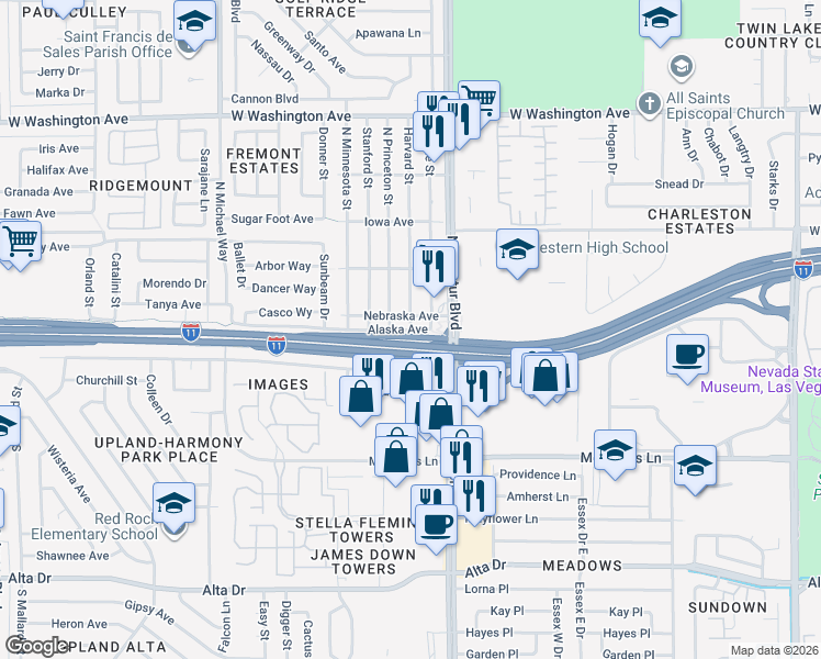 map of restaurants, bars, coffee shops, grocery stores, and more near 2 Harvard Street in Las Vegas