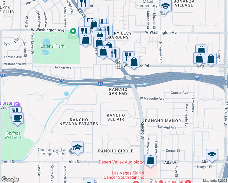 map of restaurants, bars, coffee shops, grocery stores, and more near 105 Dahlia Lane in Las Vegas