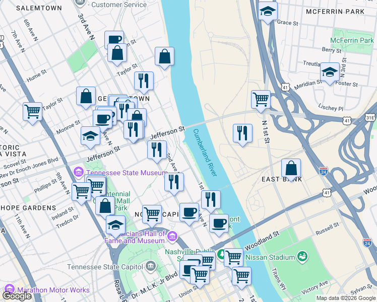 map of restaurants, bars, coffee shops, grocery stores, and more near 956 1st Avenue North in Nashville