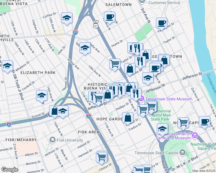 map of restaurants, bars, coffee shops, grocery stores, and more near 1003 Monroe Street in Nashville