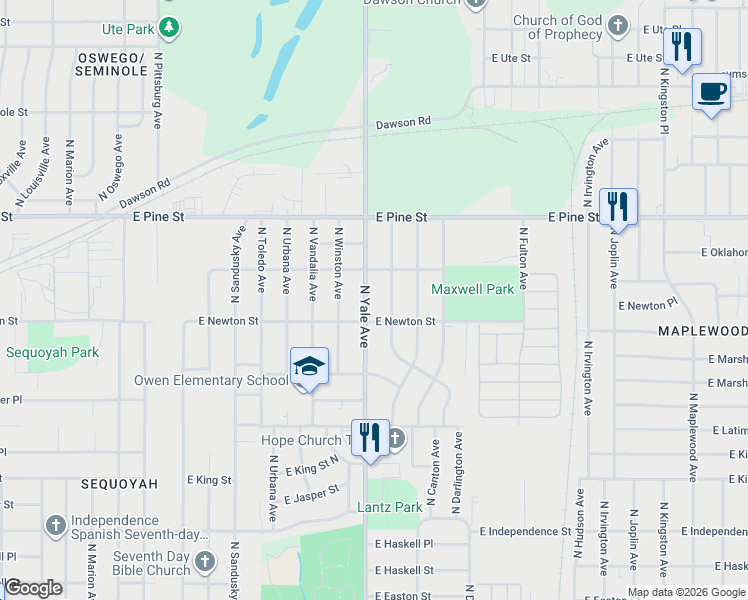 map of restaurants, bars, coffee shops, grocery stores, and more near 1315 North Yale Avenue in Tulsa