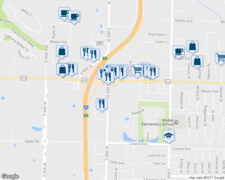 map of restaurants, bars, coffee shops, grocery stores, and more near 1311 S 48th St in Springdale