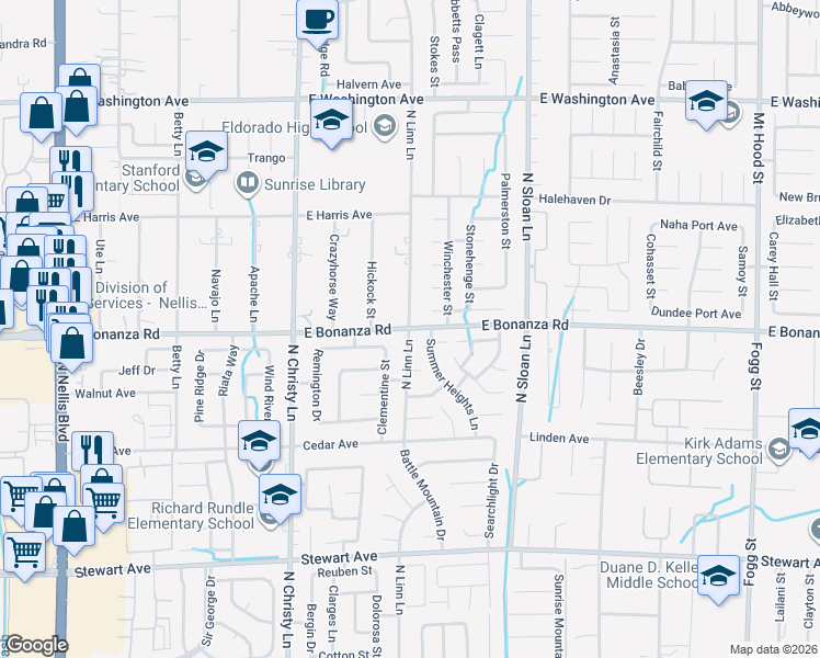 map of restaurants, bars, coffee shops, grocery stores, and more near E Bonanza Rd & N Linn Ln in Sunrise Manor