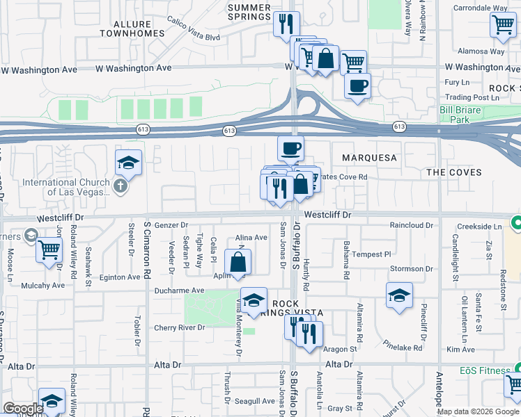 map of restaurants, bars, coffee shops, grocery stores, and more near 101 Clifton Heights Drive in Las Vegas