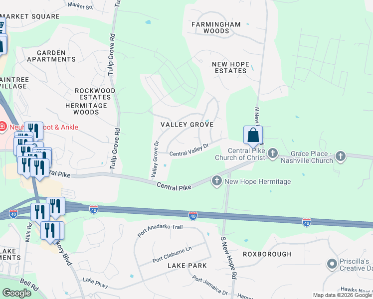map of restaurants, bars, coffee shops, grocery stores, and more near 4331 Central Valley Drive in Nashville