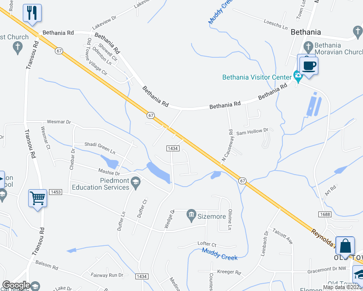 map of restaurants, bars, coffee shops, grocery stores, and more near 3889 Turnberry Park Drive in Pfafftown