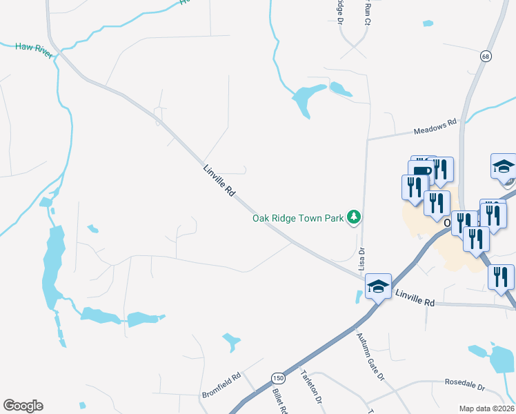 map of restaurants, bars, coffee shops, grocery stores, and more near 8418 Linville Road in Oak Ridge