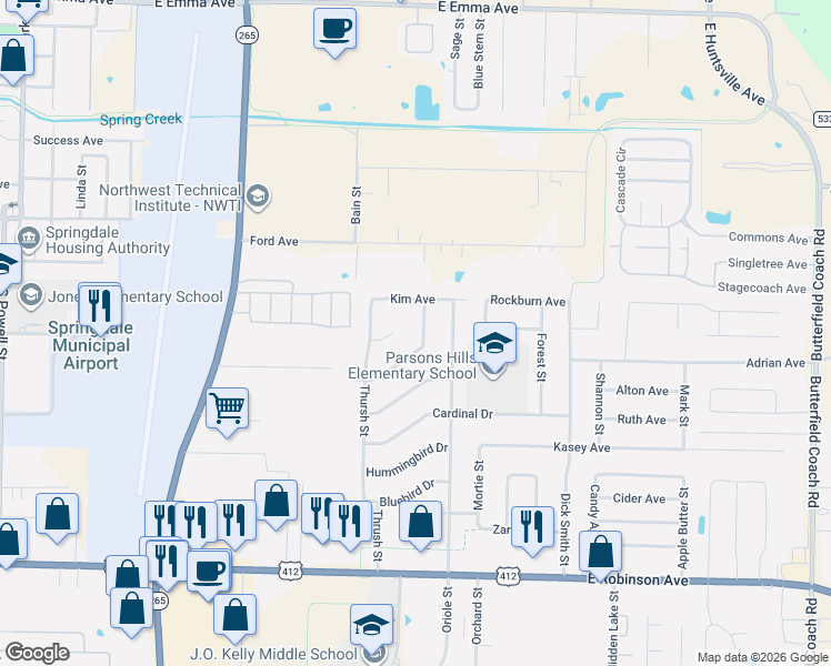 map of restaurants, bars, coffee shops, grocery stores, and more near 1502 Christy Drive in Springdale