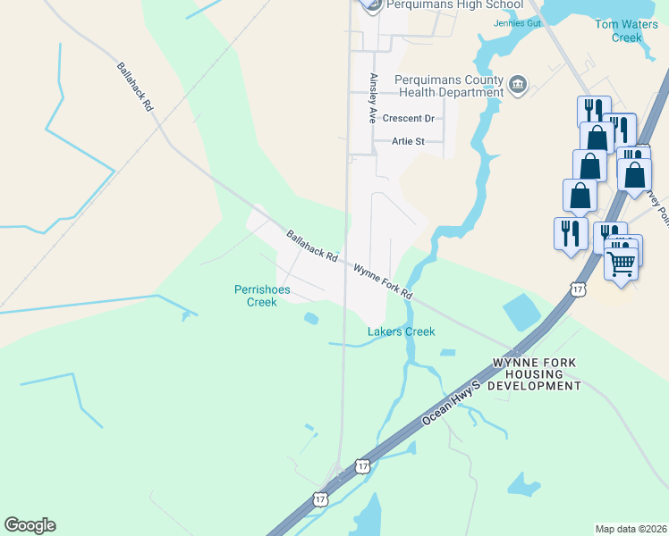 map of restaurants, bars, coffee shops, grocery stores, and more near 106 William Drive in Hertford