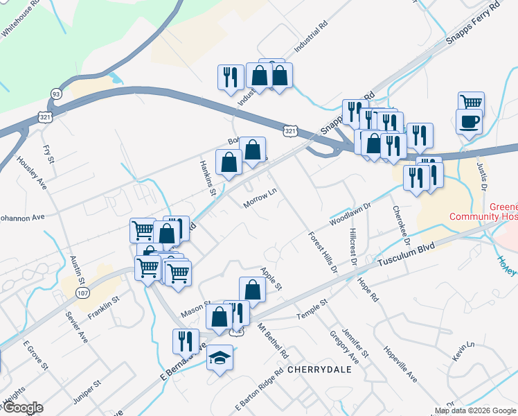 map of restaurants, bars, coffee shops, grocery stores, and more near 103 Cottonwood Drive in Greeneville