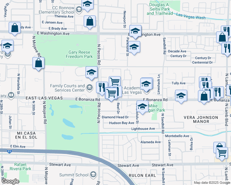 map of restaurants, bars, coffee shops, grocery stores, and more near 3602 East Bonanza Road in Las Vegas