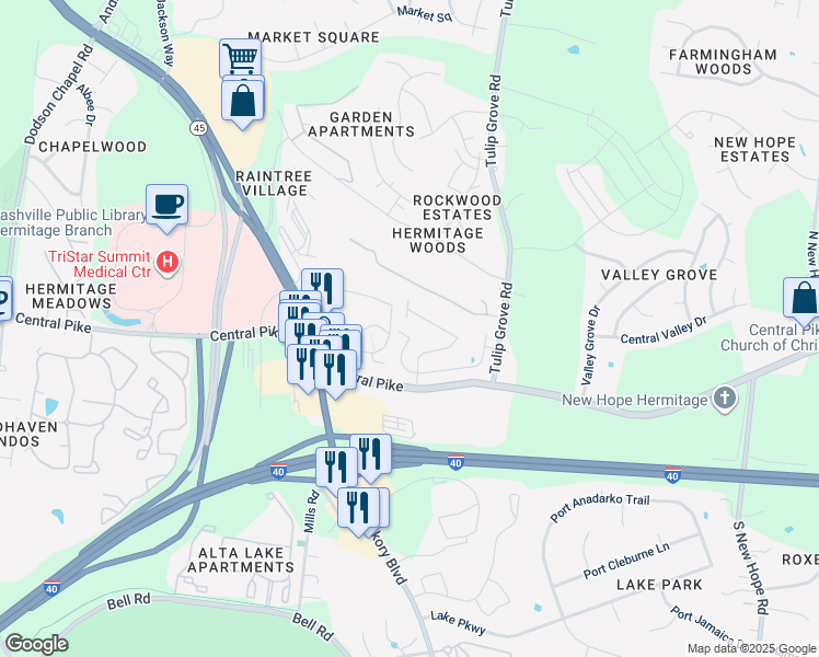 map of restaurants, bars, coffee shops, grocery stores, and more near 382 Burning Tree Drive in Nashville