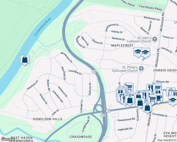 map of restaurants, bars, coffee shops, grocery stores, and more near 2222 Crestline Drive in Nashville